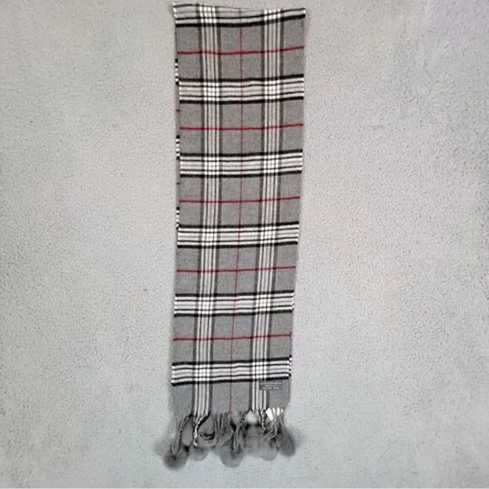 WOMENS SCARF GRAY WITH STRIPES RABBIT FUR BALL TASSELS